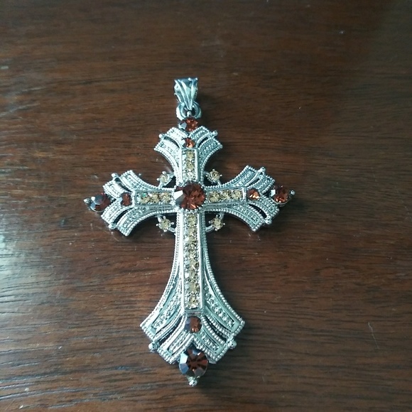 Vintage cross with orange crystals pendant - Picture 6 of 8